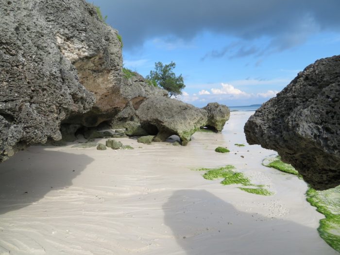 strand met rotsen en zee